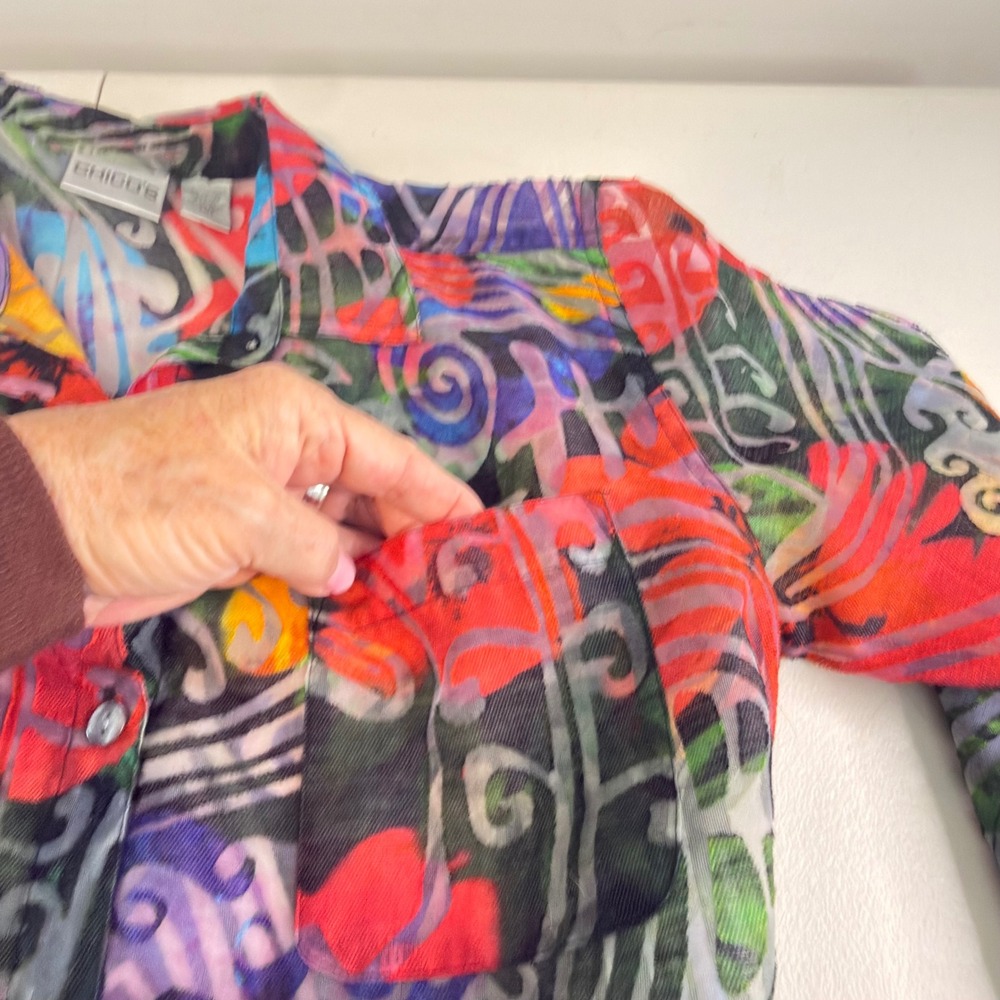 Chicos Abstract Burnout Button Down Shirt Multi Color‎ Sheer Blouse Size 0/ S - Picture 6 of 10